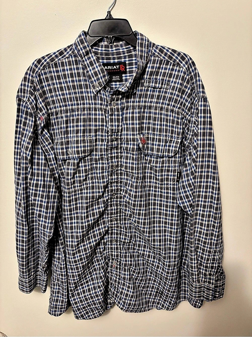 Ariat FR Plaid Print Work Shirt Blue & White 3XL/3TG